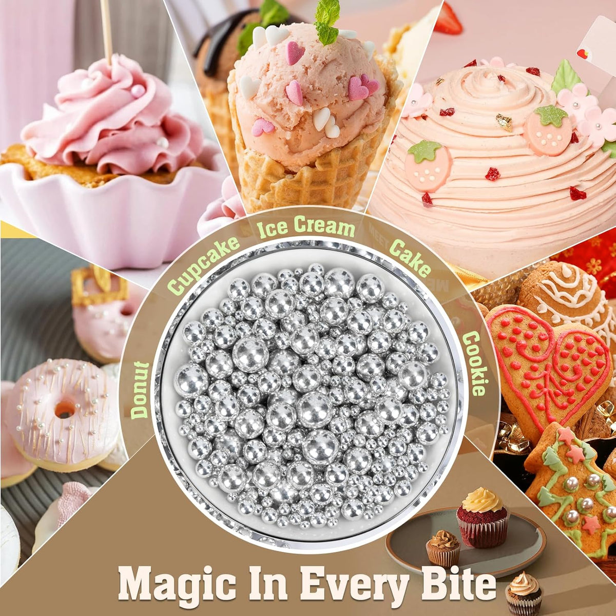 Twisweet Silver Pearl Sprinkles for Cake Decorating, Edible Sugar Pearls for Baking, Mix Size, Cake Topper Cupcake Cookie Ice Cream Dessert Decorations, Valentines Birthday Christmas Supplies (130g/4.58oz)