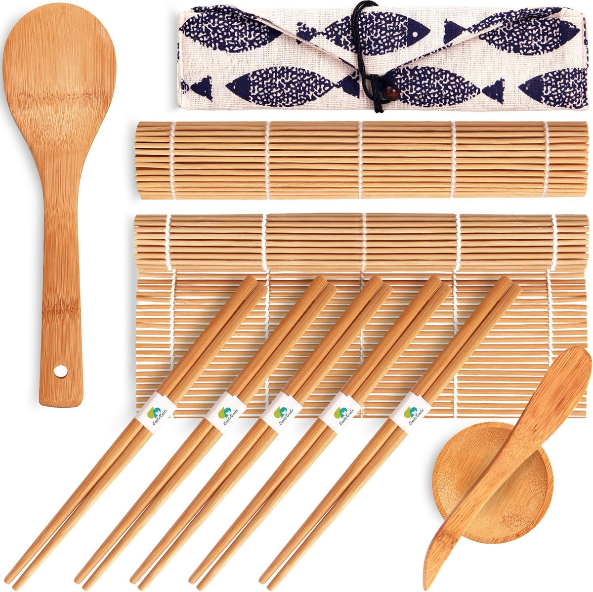 No Plastic Bamboo Sushi Making Kit, Sushi Roller, 2 Bamboo Sushi Rolling Mats, 5 Pairs Chopsticks, Sauce Dish & More - Natural Sushi Maker Set for Beginners DIY Sushi at Home