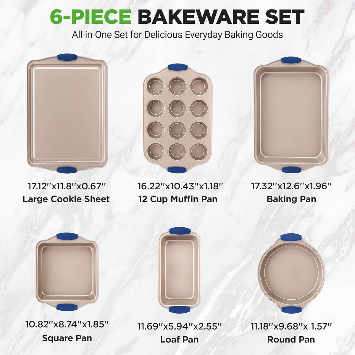 NutriChef 6-Piece Nonstick Bakeware Set - Premium Carbon Steel Baking Trays w/Heat-Safe Silicone Handles - Includes Loaf Pan, Muffin/Cupcake Pan, Round & Square Roaster Pans, Cookie Sheet - NCSBSG36