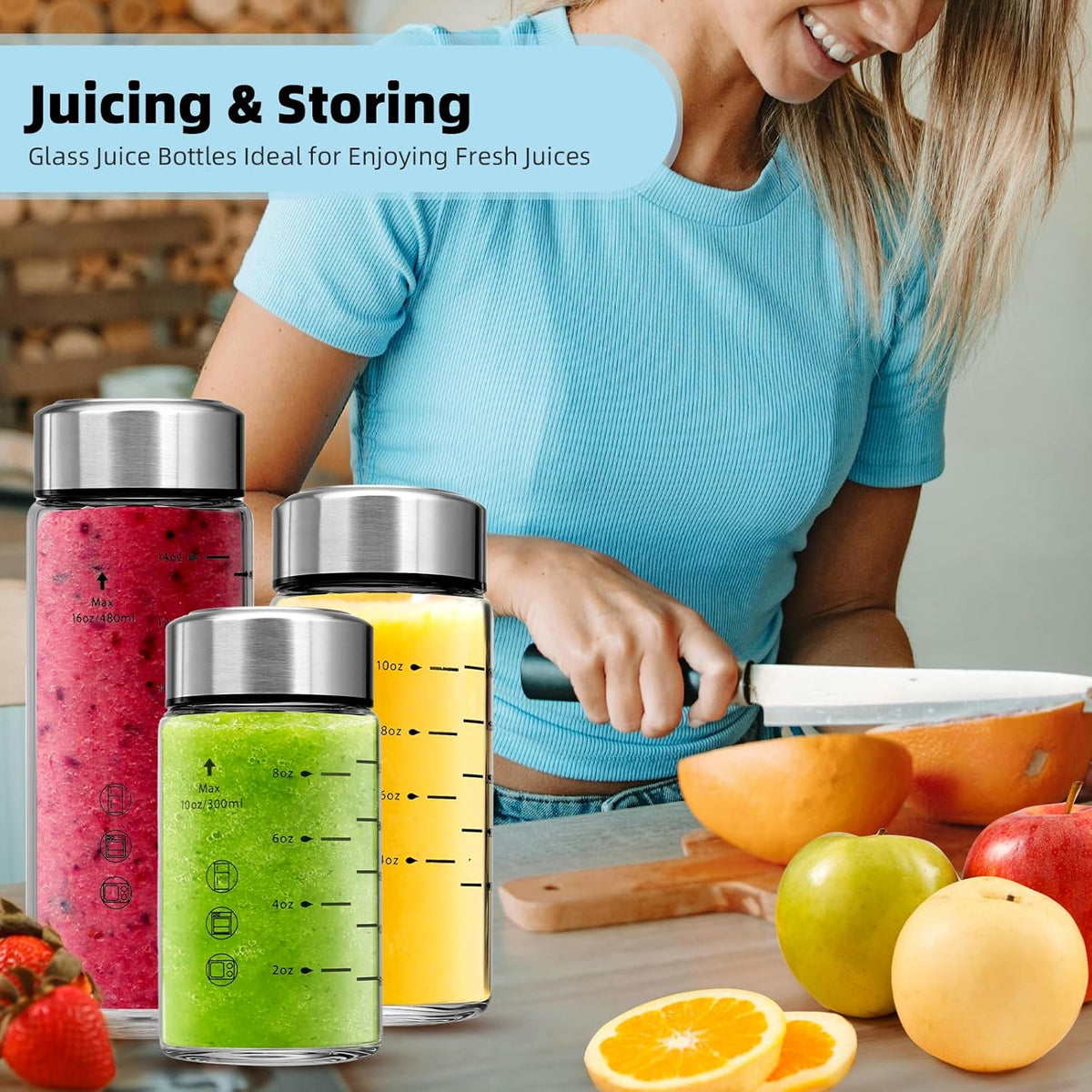 Glass Juice Bottles 6 Pack 20 oz - Wide Mouth Glass Water Bottles with Lids - Borosilicate,Stainless Steel Lids for Juicing, Smoothies, Infused Water, Beverage Storage, Leakproof, Reusable,BPA Free