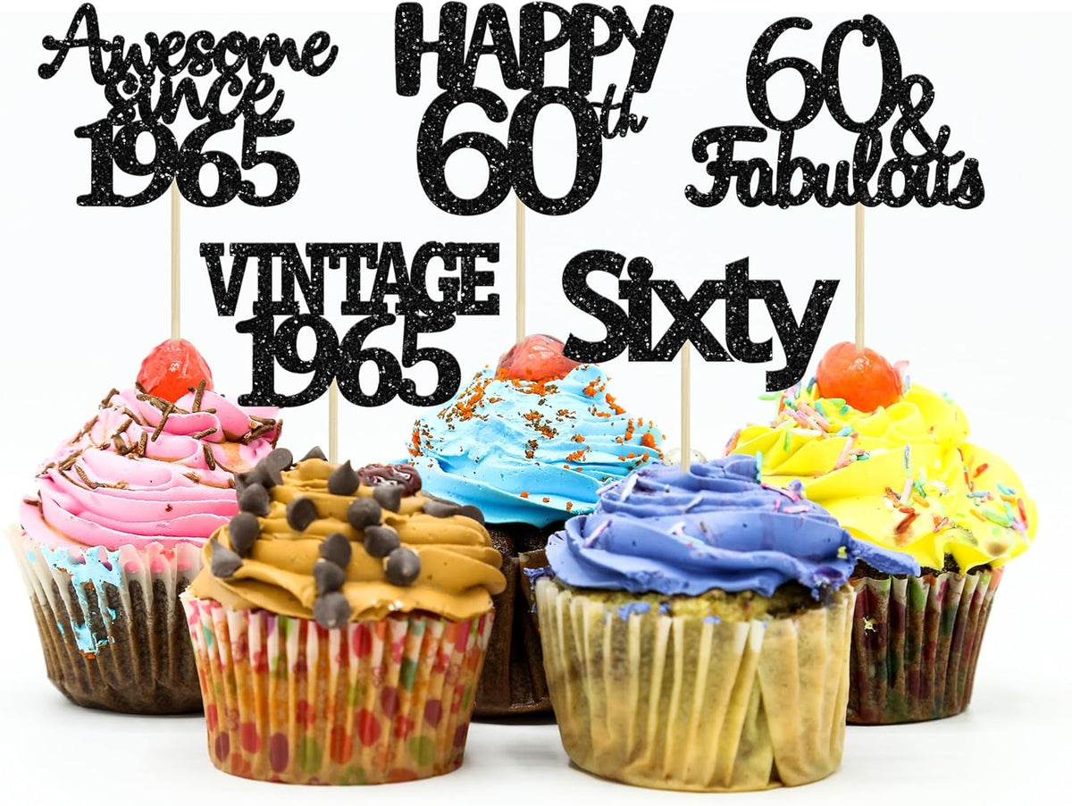 Gyufise 30Pcs 60th Birthday Cupcake Toppers Vintage 1965 Cake Decorations Cheers to 60 Fabulous Sixty Cupcake Picks 60th Birthday Wedding Anniversary Party Cake Decorations Supplies Black