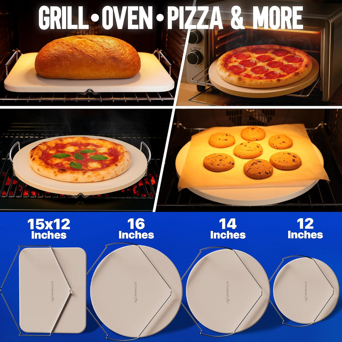 KitchenStar 16-inch Pizza Stone for Oven and BBQ Grill with Handles, Round, 5/8" Thick - Natural Cordierite, 1800 °F Resistant, Baking Stone Set with Stainless Steel Rack & Plastic Scraper Tool