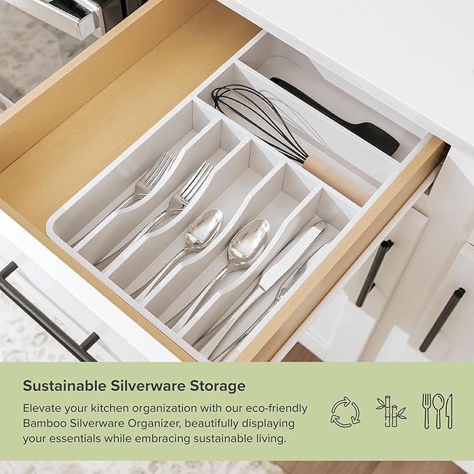 Silverware Organizer - Cutlery, Flatware, and Utensil Holder for Kitchen Drawers, Fixed 10.5” Width, 7 Storage Compartments, Non-Slip Feet, Rounded Corners, 100% Bamboo, White Finish
