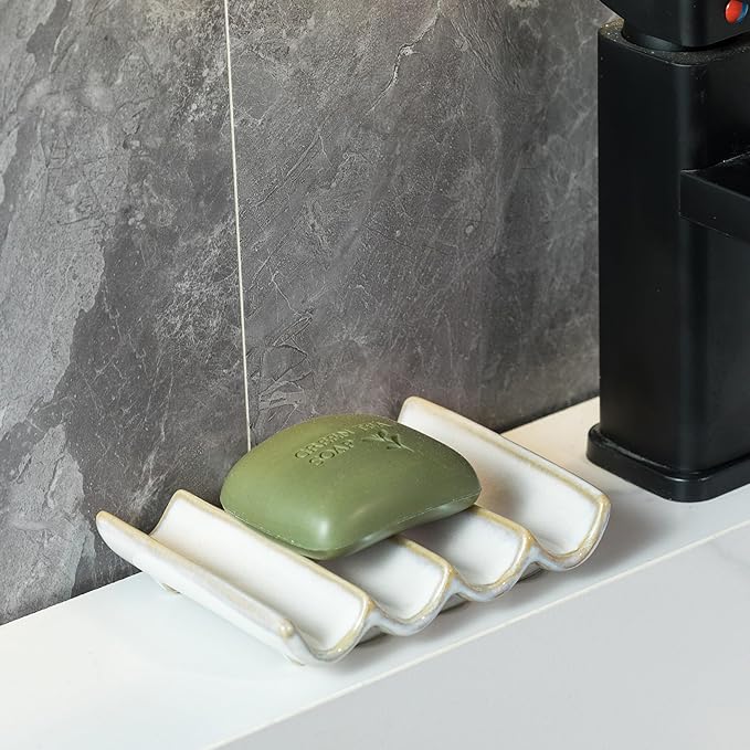 Soap Dish with Self Drain Fluted Design, Bar Soap Holder for Bathroom, Japanese Soap Tray for Shower, Bathroom and Kitchen Sink Organizer, Ceramic Soap Saver, White