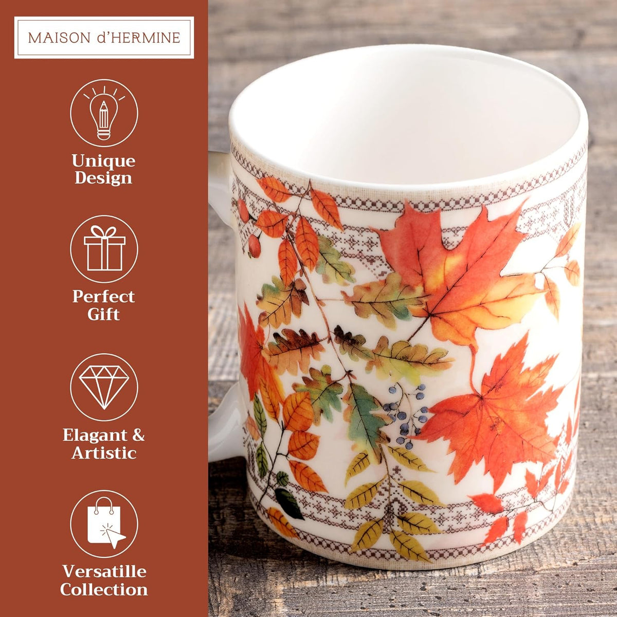 Maison d' Hermine Coffee Mug with Handles Fine Bone China Mugs Pack of One Tea Cups for Hot Beverages Cappuccino Latte Home Restaurant Office Perfect for Gift (Amarante - Automne, 15 Ounce)