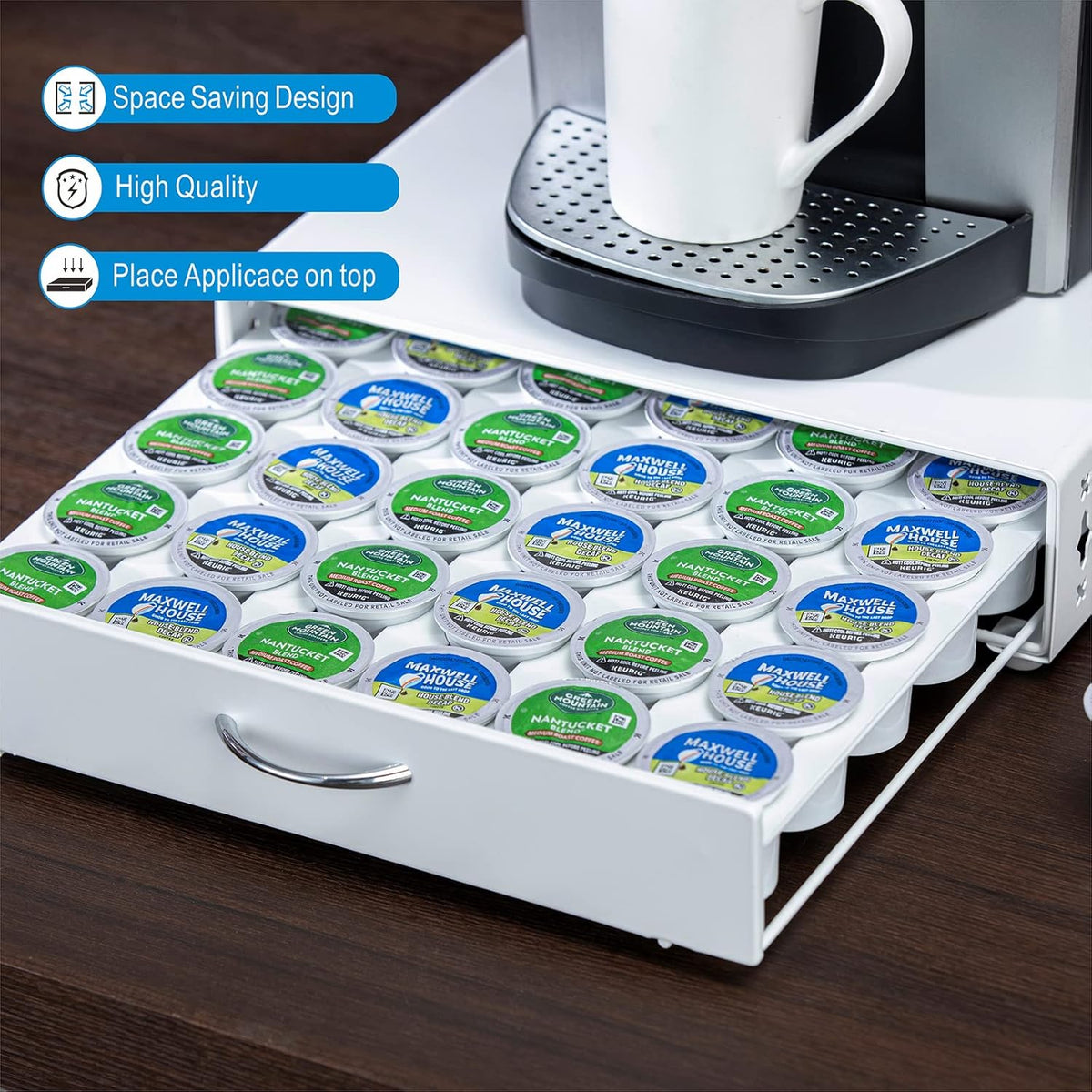 Rice rat Coffee Pod Holder for Keurig Pods iron Top Drawer,K Cup Holder Capsule Display Storage compatibility 42 k-cup Pods (white)