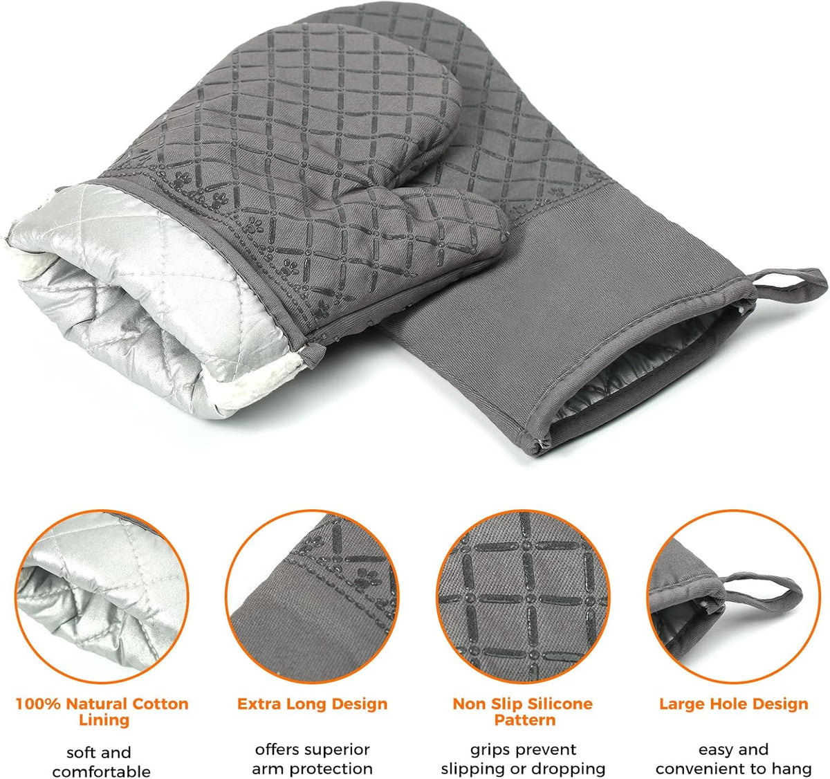2 Pcs Oven Mitts Heat Resistant for Kitchen, Kitchen Oven Gloves, Long Oven Mitts and Pot Holder with Non-Slip Silicone Stripe Soft Cotton Lining, Silicone Oven Mitts for Cooking Baking BBQ Dark Grey