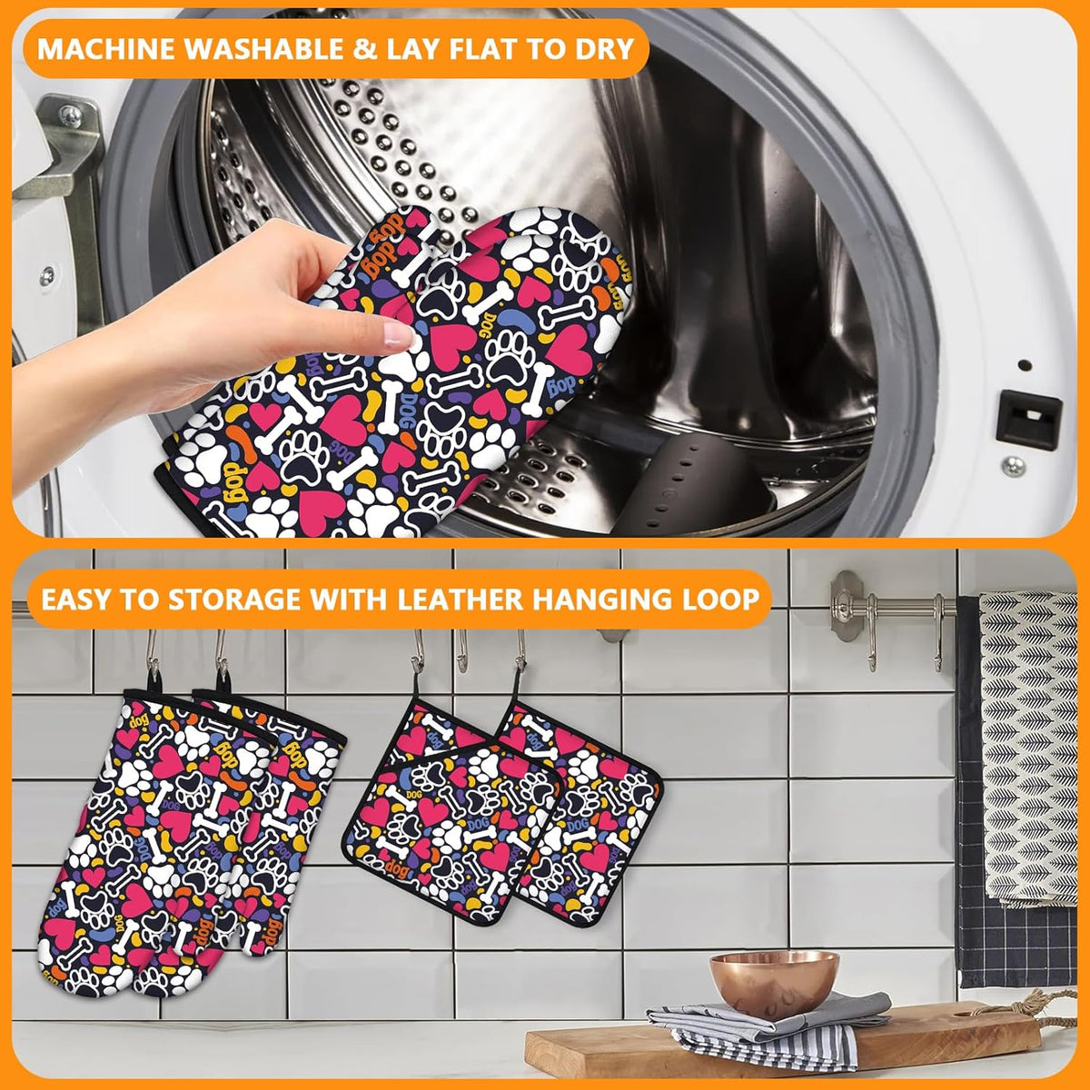 Paw Prints Oven Mitts and Pot Holders Sets 4Pcs,Extra Long Oven Gloves Potholder for Kitchen Cooking Baking BBQ 100% Cotton Heat Resistant