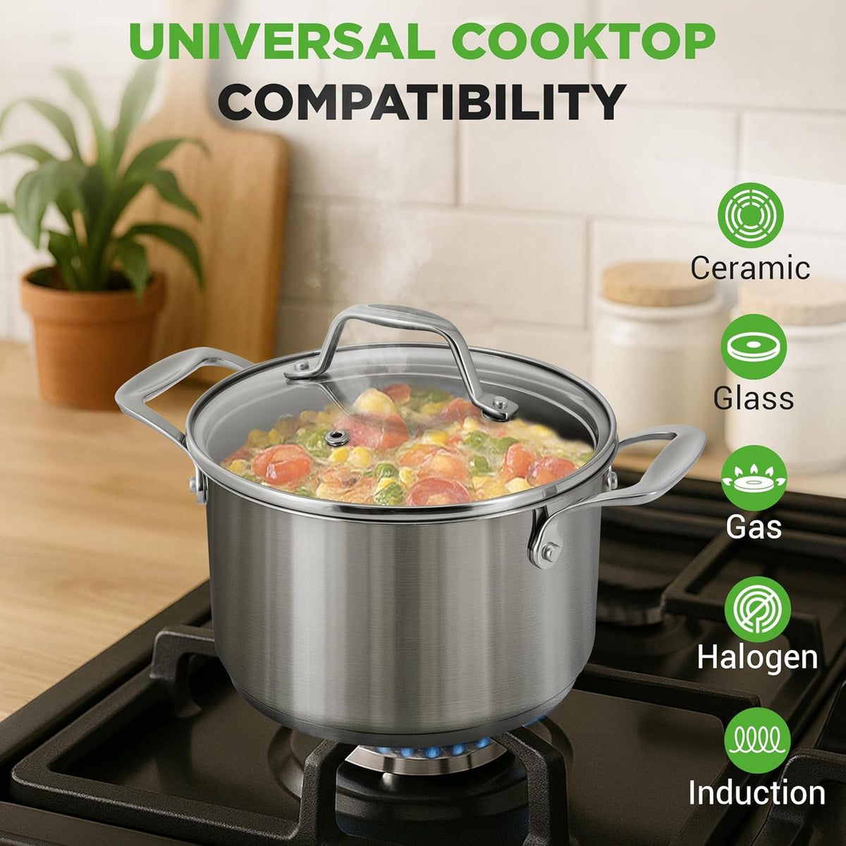NutriChef 3-Quart Stainless Steel Pot with Glass Lid - 18/8 Food Grade Heavy Duty Cookware Stockpot for Stews, Simmering & Soups, Dishwasher Safe, For Induction, Gas & Ceramic Cooktops - NCSP3