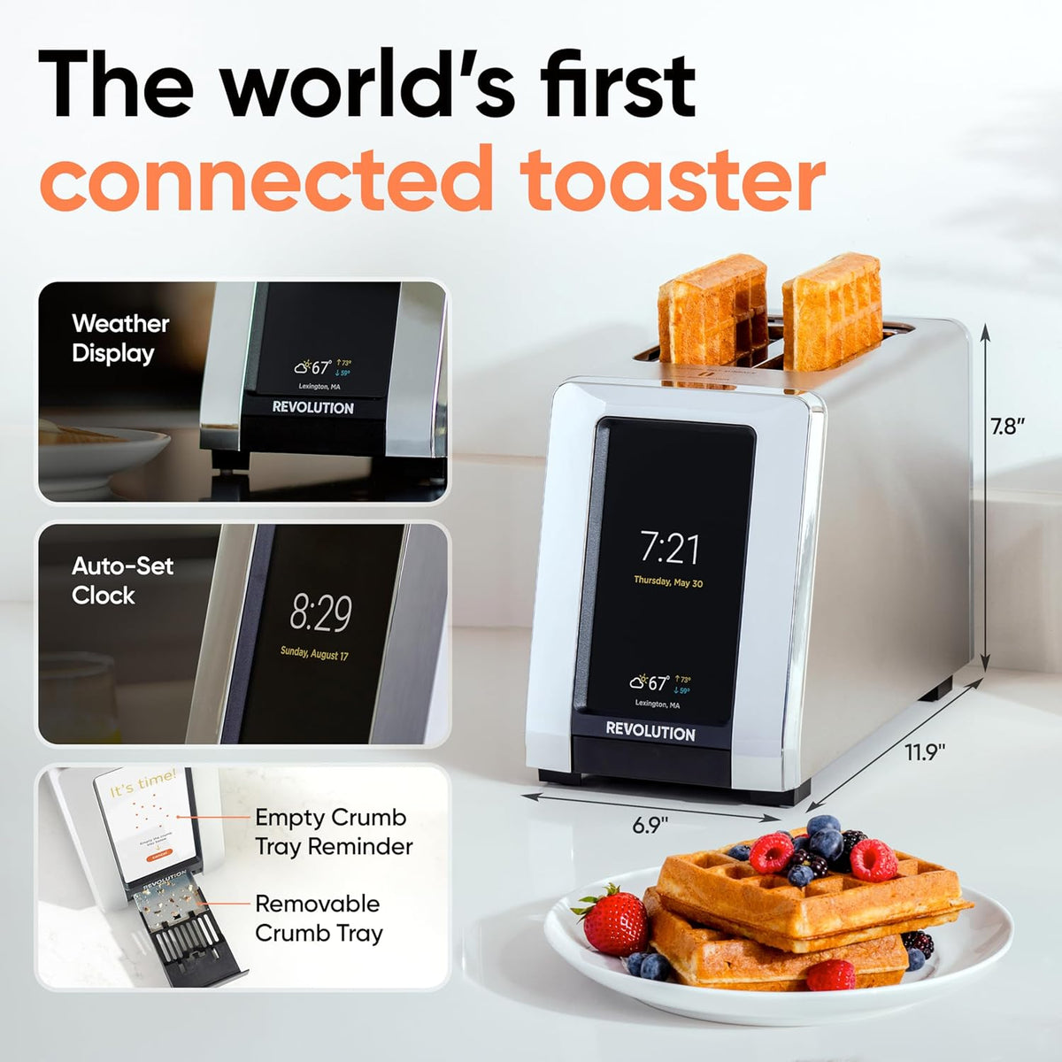 Revolution R180 Connect Plus Smart Toaster – Connected 2-Slice Touchscreen Toaster w/ Patented InstaGLO 2.0 Technology, Toastie Press Mode, Digital Picture Frame – Toast Bread, Bagels, Waffles & More