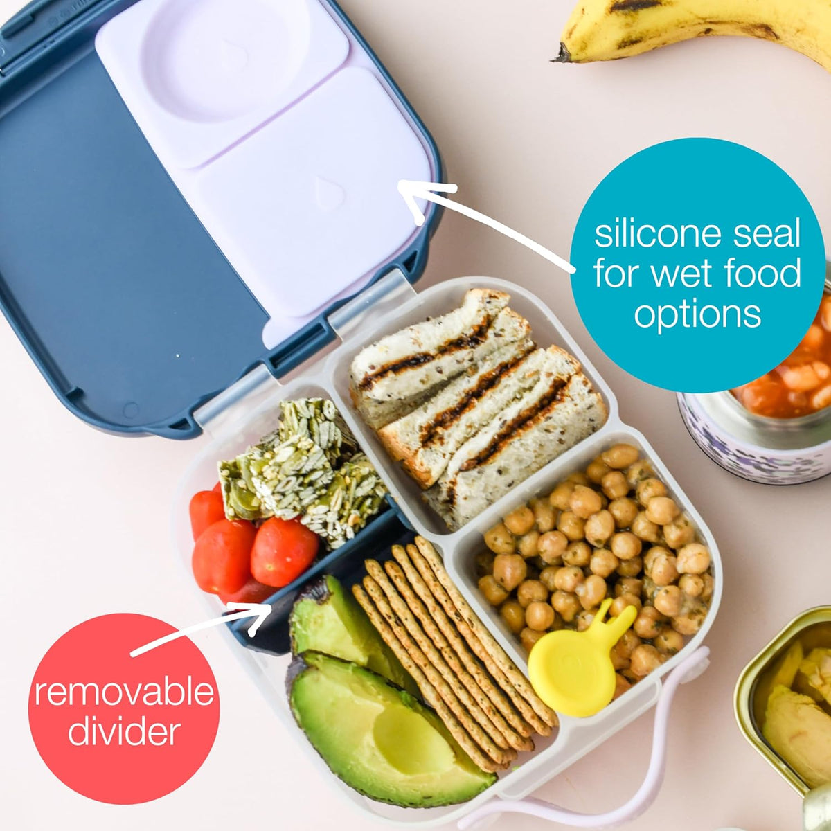 b.box Mini Lunch Box (2-pack), Bento Box for Kids Snack Container with 2 Leak-Proof Compartments, Reusable Snack Containers with Lids, BPA Free Kids Lunch Box, 4 1/4 Cup (Blue Slate+Lemon Sherbet)