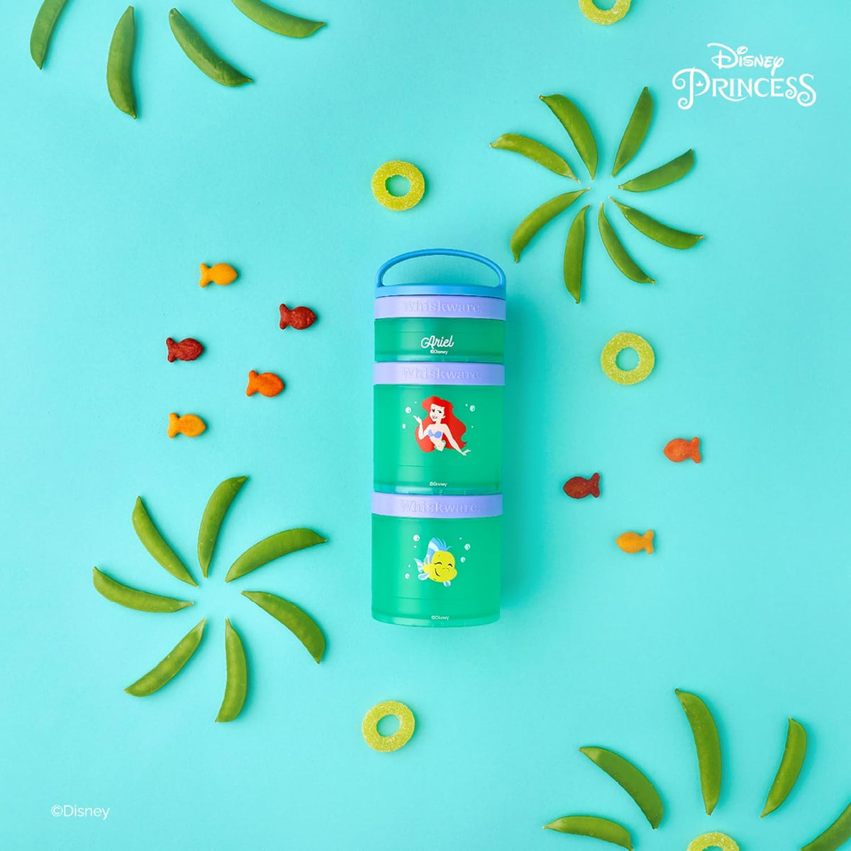 Whiskware Disney Princess Stackable Snack Containers for Kids, 3 Stackable Snack Cups for School and Travel, Ariel and Flounder