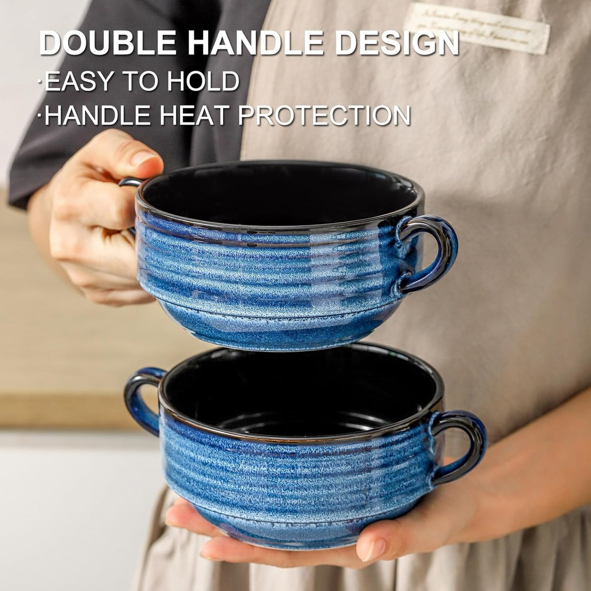 Hasense Ceramic Soup Bowls, 20oz French Onion Soup Bowls with Handle Set of 2, Serving Bowls for Chili, Stew, Salad, Microwave & Dishwasher Safe Soup Crocks, Blue