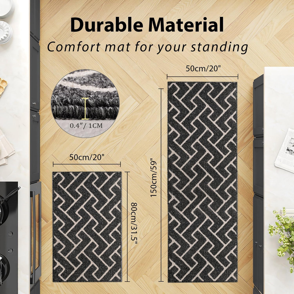 hicorfe Kitchen Rugs and Mats Sets,Non-Slip 2 Pieces Absorbent 100% Polypropylene Rug,Comfort Kitchen Runner Mat,Washable for Kitchen,Sink,Laundry(20" x 31.5" Plus 20" x 59",Black)