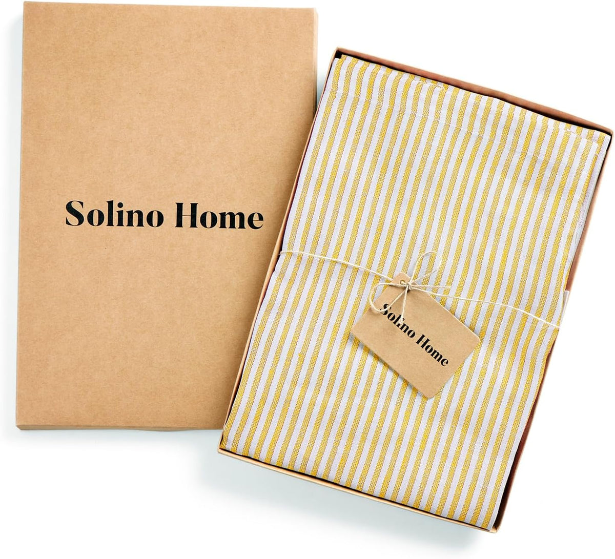 Solino Home 100% Pure Linen Apron for Women & Men - Spicy Mustard and White Stripe Full Midi Bib Apron, Adjustable Neck Strap with Center Pockets for Kitchen, Chef - Handcrafted from European Flax