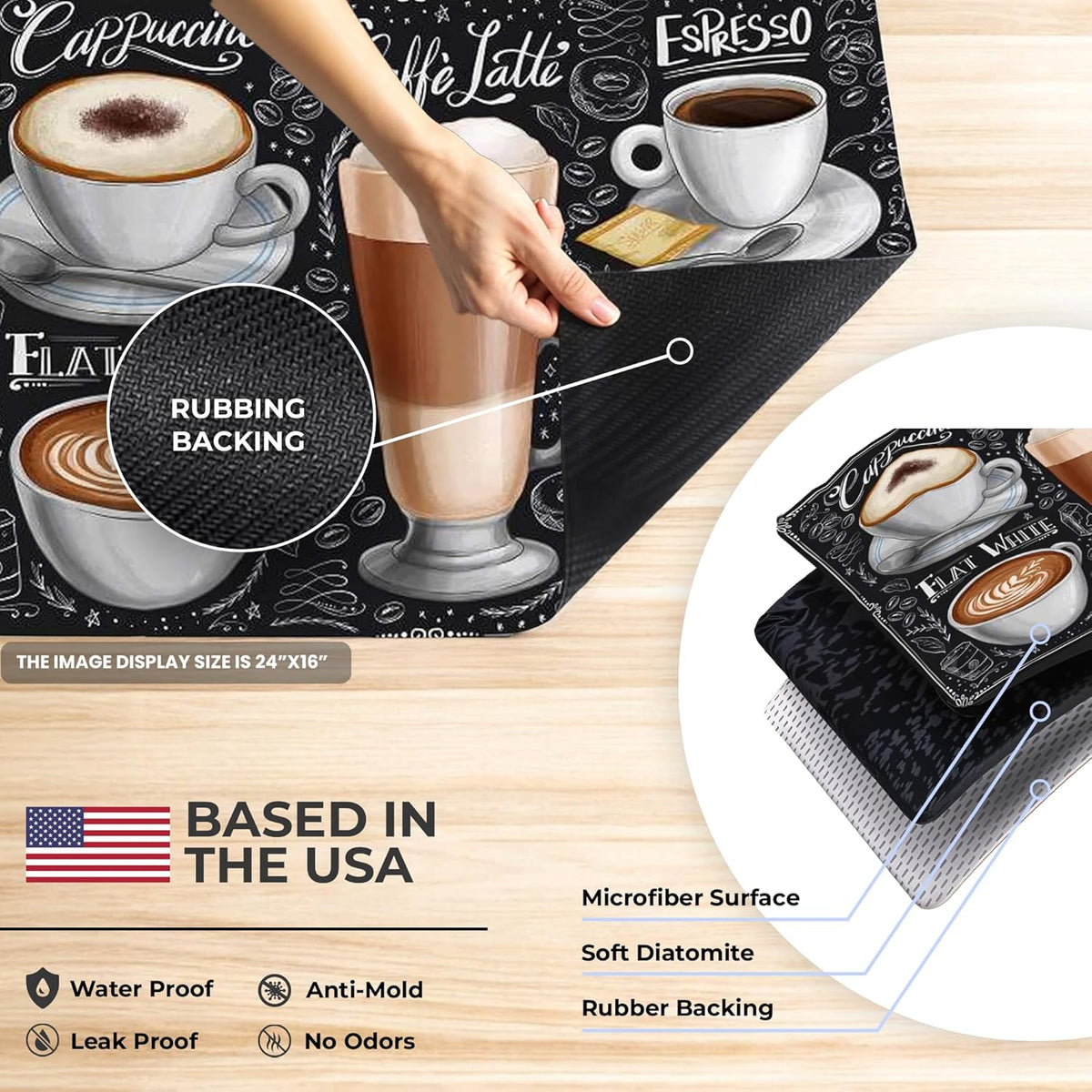 Dish Drying Mat Super Absorbent – 24" x 16" Coffee Mat for Countertops – Non-Slip Drying Mat for Kitchen Counter – Easy to Clean Water Absorbent Mat – Large Mat (Costa Rica Coffee)