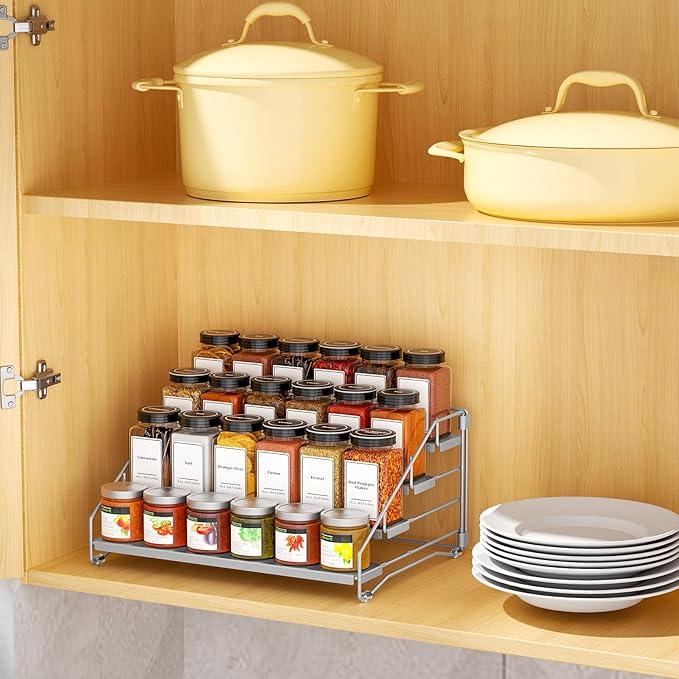 4 Tier Spice Rack for Cabinet, Spice Rack Organizer, Depth Adjustable Spice Organizer for Countertop, Cupboard, Pantry, Seasoning Shelf, Metal, Gray (1 Pack)