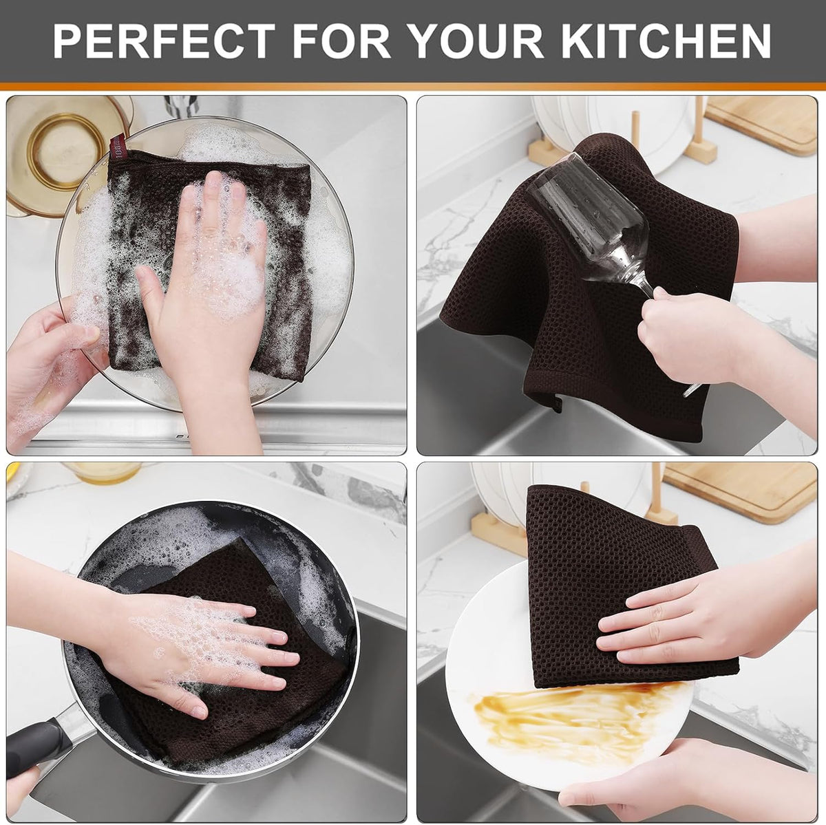 Kitinjoy 100% Cotton Kitchen Dish Cloths, 6 Pack Waffle Weave Ultra Soft Absorbent Dish Towels for Drying Dishes Quick Drying Kitchen Towels Dish Rags, 12 X 12 Inches, Dark Brown