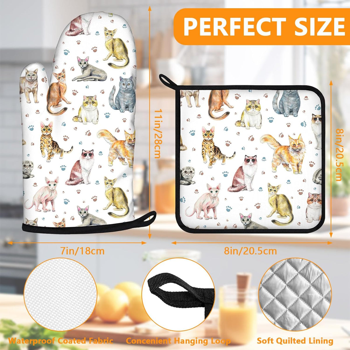 Cute Cats Oven Mitts and Pot Holders Sets 4Pcs,Extra Long Oven Gloves Potholder for Kitchen Cooking Baking BBQ 100% Cotton Heat Resistant