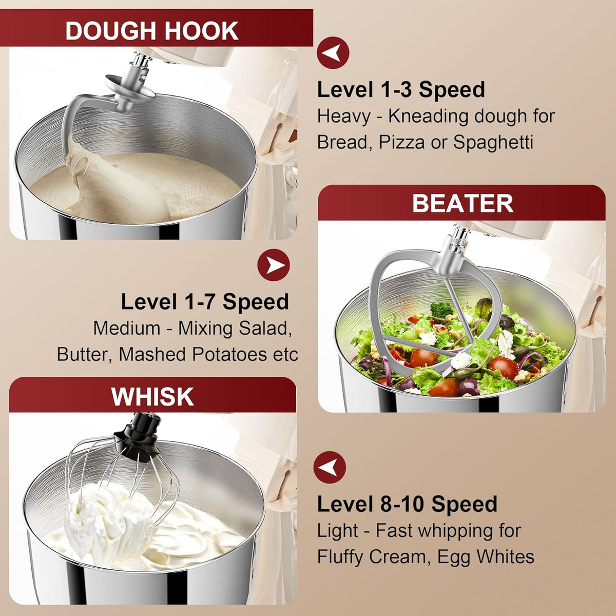 10-Speed Stand Mixer with 8-in-1 Splash Guard, Tilt-Head, 6QT Stainless Steel Bowl + Dishwasher-Safe Dough Hook/Whisk/Beater/Spatula for Baking Bread, Cakes, Cookies, Beige
