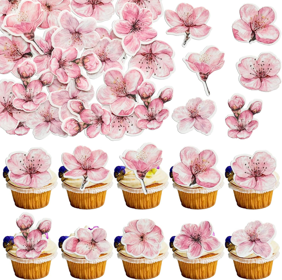 Ephlyn 50Pcs Edible Flowers Cake Topper Cupcake Toppers Wedding Themed Party Baby Shower Birthday Party Cupcake Picks Anniversary Party Decorations Supplies Pink