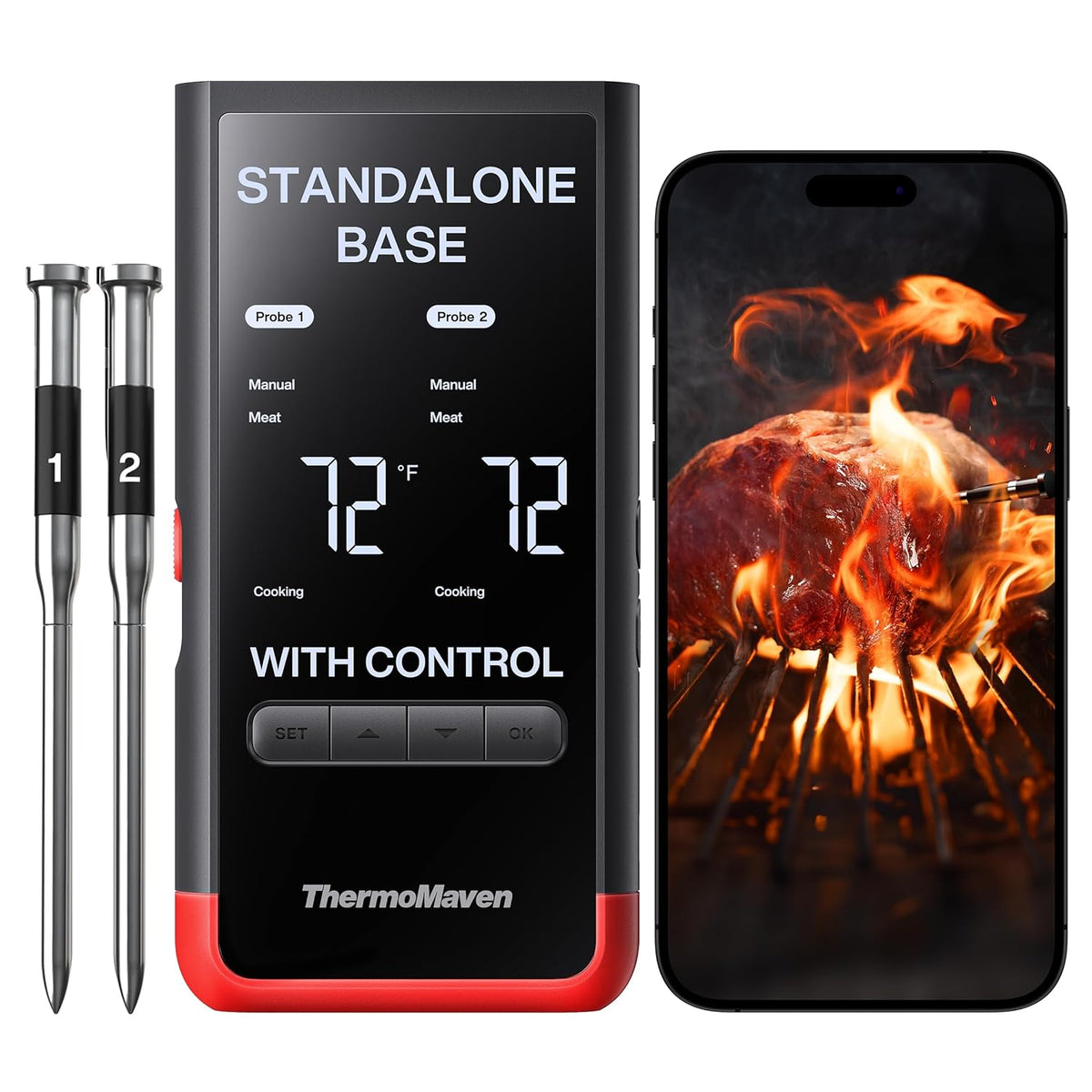 Smart Bluetooth Wireless Meat Thermometer: Standalone Base, WiFi Unlimited Range, 6 Sensors with NIST Certified Accuracy, 2 Probes for Kitchen, BBQ, Grill, Oven, Smoker, Rotisserie