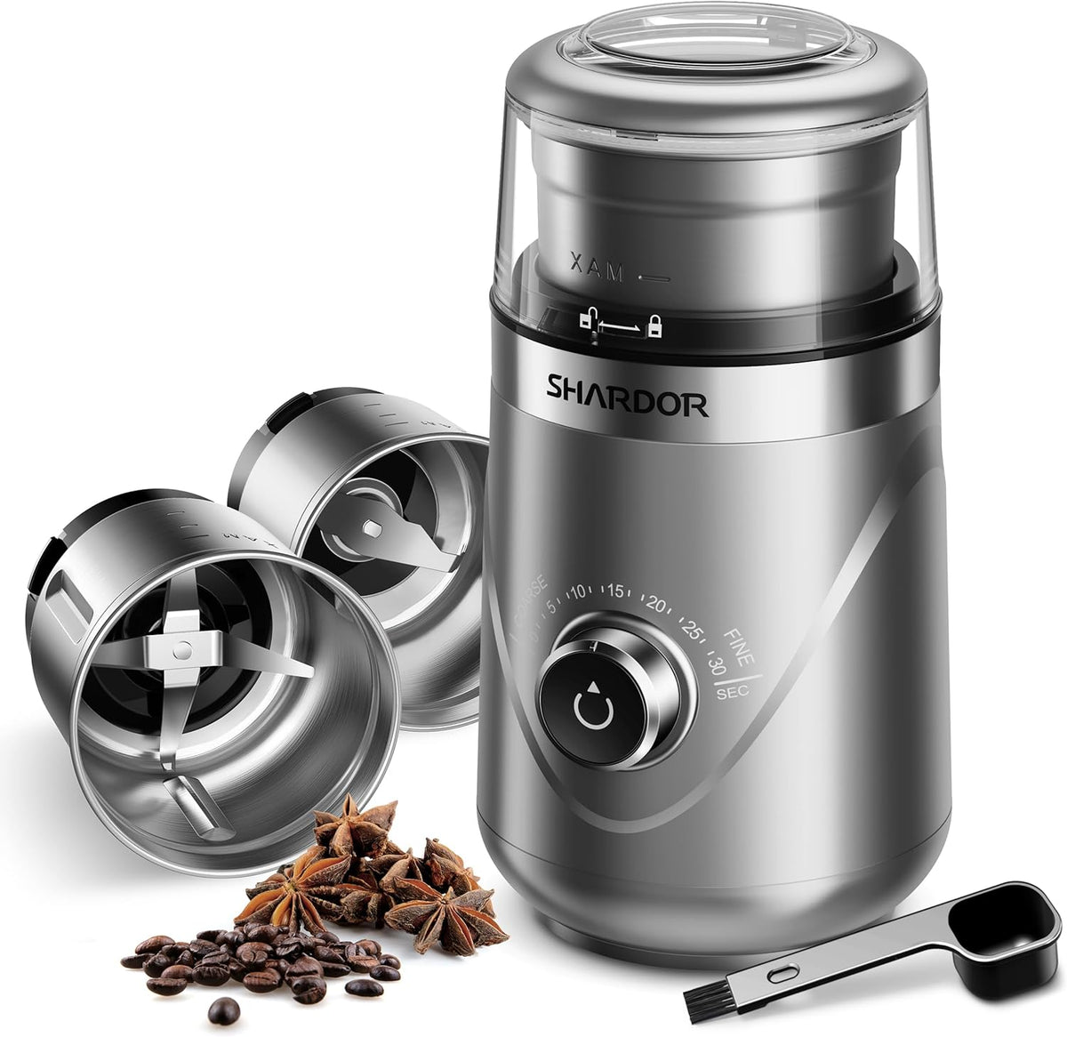 SHARDOR Adjustable Coffee Grinder Electric, Herb, Spice, Coffee Bean,Espresso Grinder with 2 Removable Stainless Steel Wet and Dry Bowl, Silver