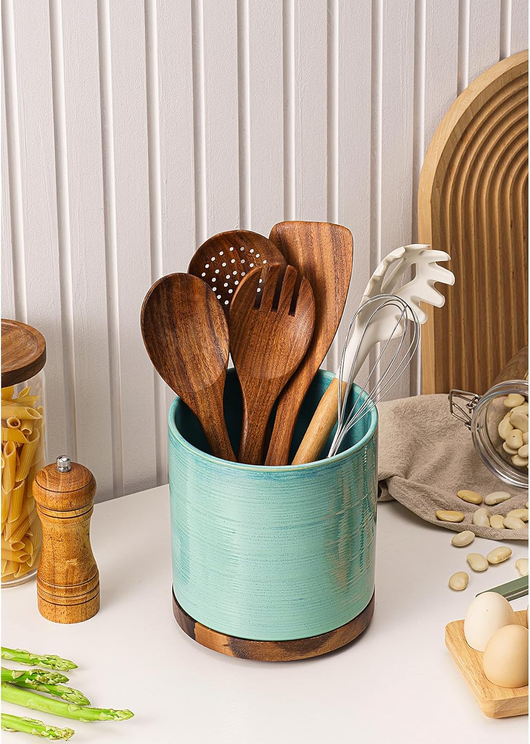 Utensil Holder, 360° Rotating Extra Large Ceramic Kitchen Utensil Holder for Countertop, Cooking Utensil Crocks for Counter with Rotatable Wooden Base, Farmhouse Kitchen Decor, Green