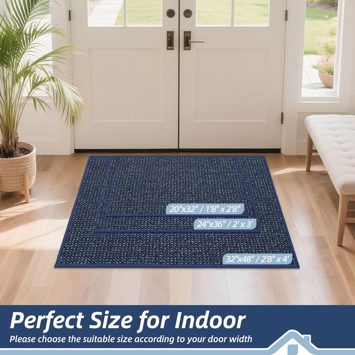 BEQHAUSE Dirt Trapper Door Mat 20" x 32", Non-Slip Washable Doormats Entrance Mat, Dirt Resistant and Absorbent Welcome Mat, Low Profile Floor Mats for Front Back Door and Entryway, Blue