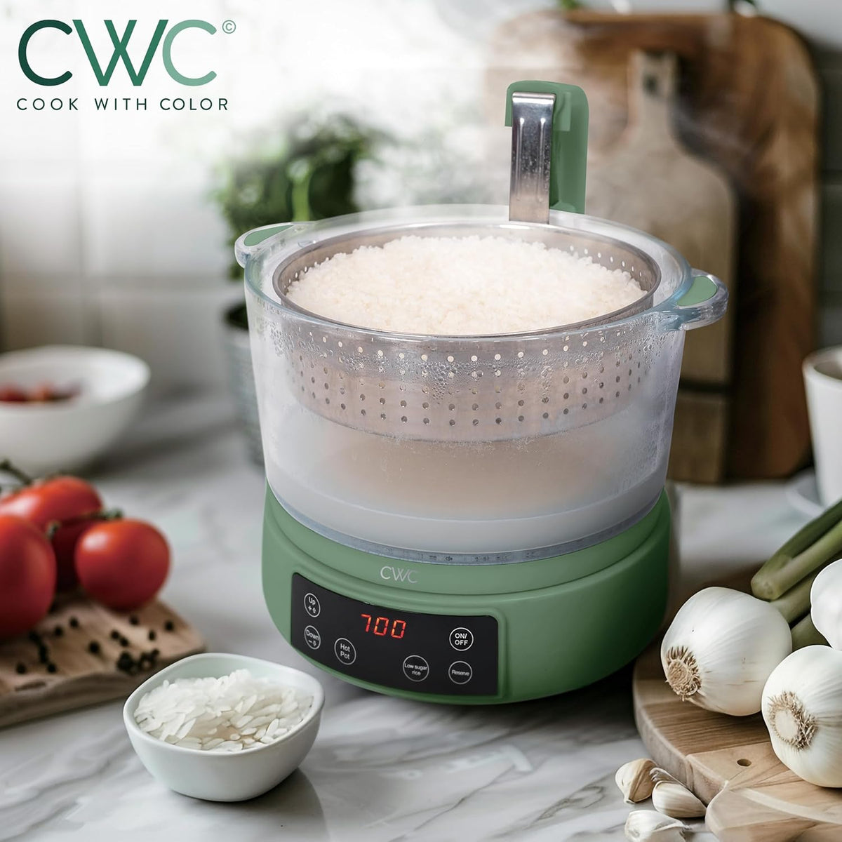 COOK WITH COLOR 3L Glass Low Carb Rice Cooker - Makes 6 Cups Cooked Low Sugar Rice with Auto Lift Filter Basket, Hotpot & Steamer for Rice, Grains and Oats, Digital Panel with Keep Warm, Dark Sage
