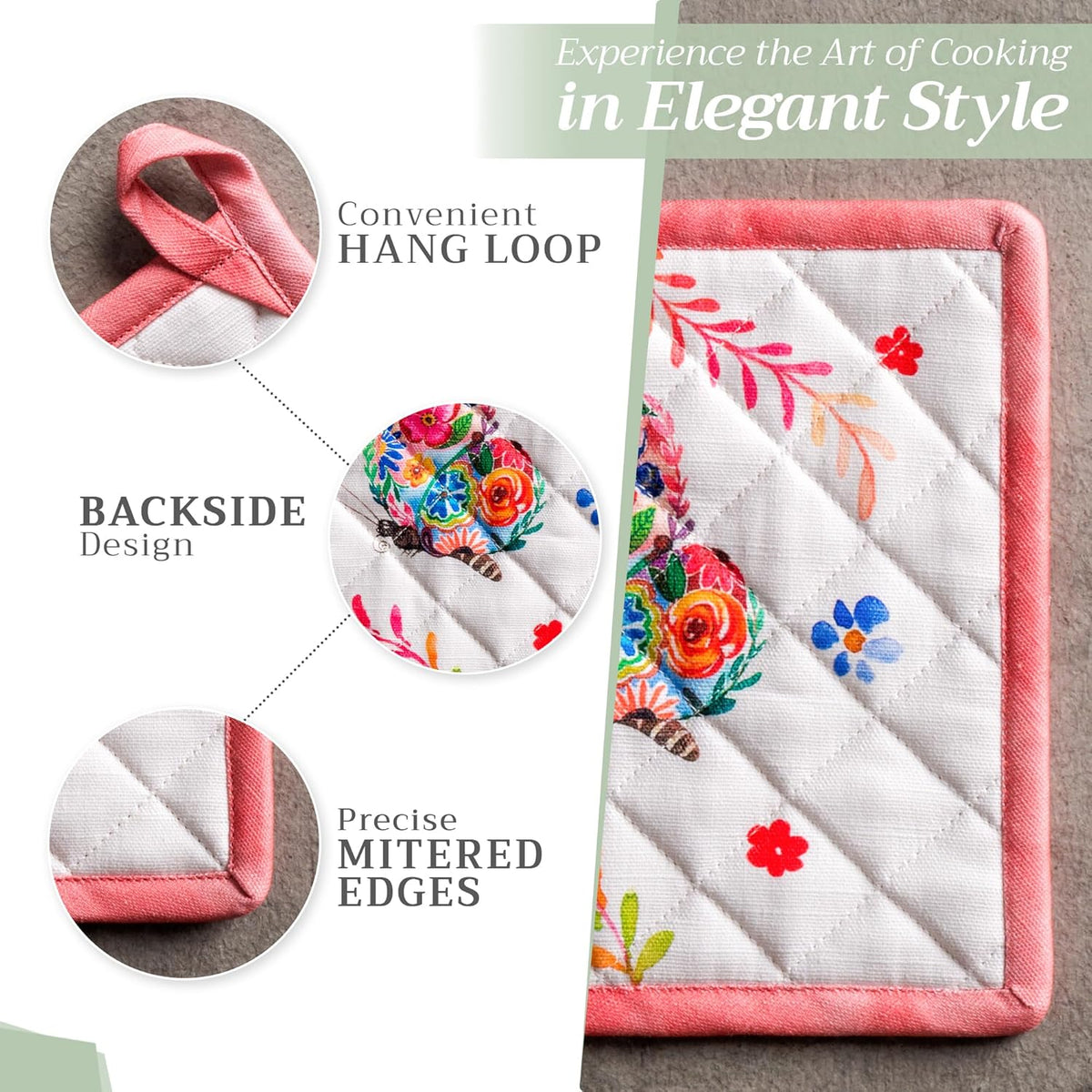 Maison d' Hermine 100% Cotton Oven Mitt & Pot Holder Set (7.5"x13" & 8"x8") Heat Resistant BBQ Cooking Gloves with Loop, Grilling, Kitchen, Handling Hot Pan Spring/Summer (Happy Florals - High Summer)