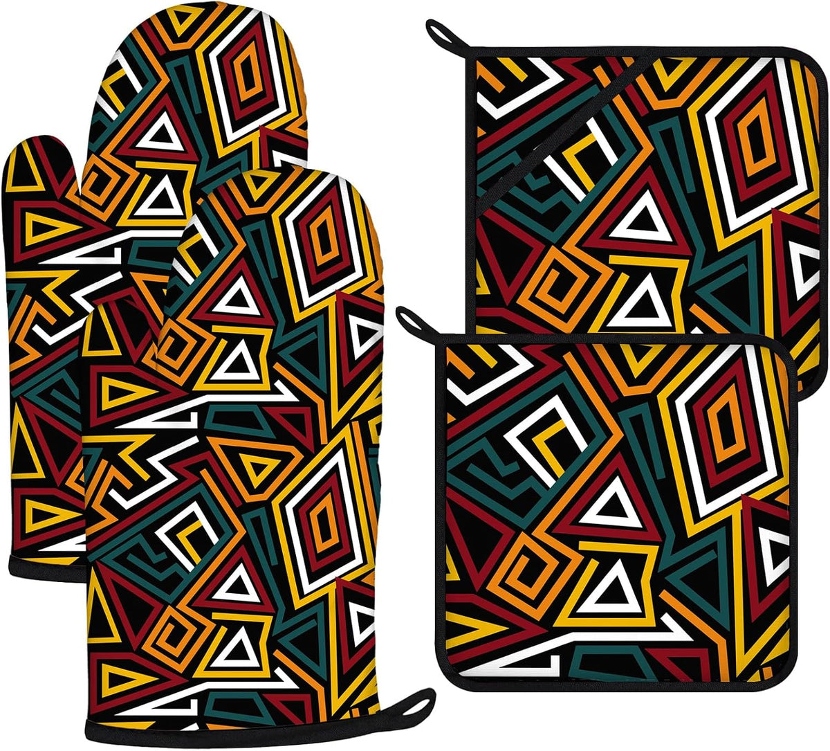 African Geometric Oven Mitts and Pot Holders Sets 4Pcs,Extra Long Oven Gloves Potholder for Kitchen Cooking Baking BBQ 100% Cotton Heat Resistant