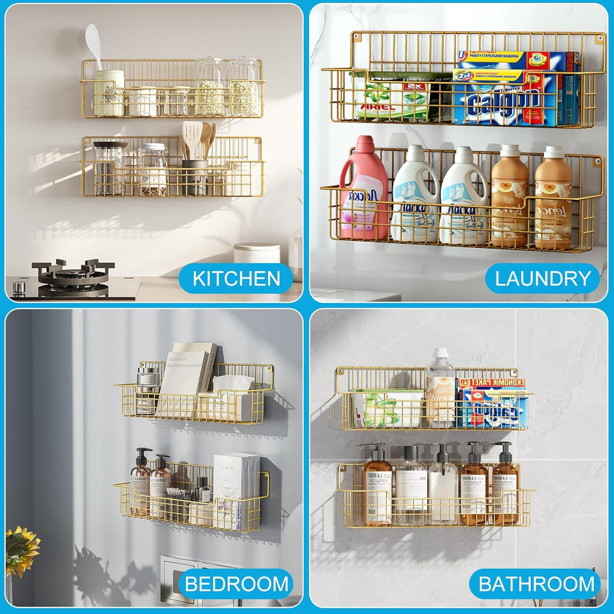 Spice Rack, 4-Pack Seasoning Organizer Wall Mounted for Kitchen Storage Organization, Metal Spice Holder Shelf for Cabinet, Pantry, Gold