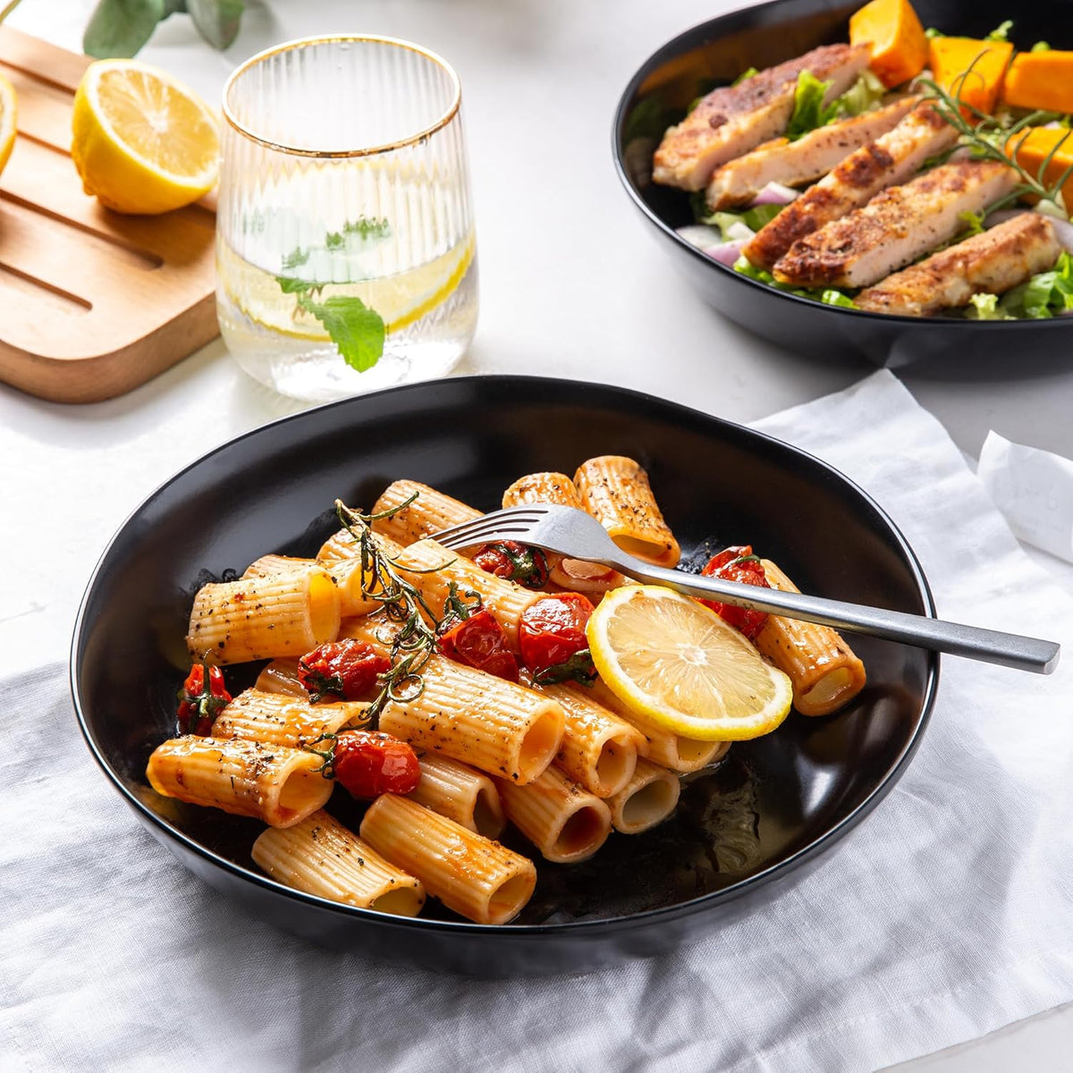 AmorArc 9.75'' Large Ceramic Pasta Bowls, 38oz Stoneware Wide Serving Bowls Set of 6 for Kitchen, Oven, Microwave&Dishwasher Safe Bowls with Wavy Rim for Fruit Pasta Salad Meal, Matte Black