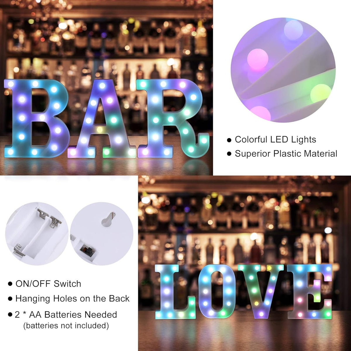 Foaky Colorful LED Letter Lights with Remote,Marquee Light Up Letters Sign for Night Light Wedding/Birthday Party Battery Powered Christmas Lamp Home Bar Decoration(W)