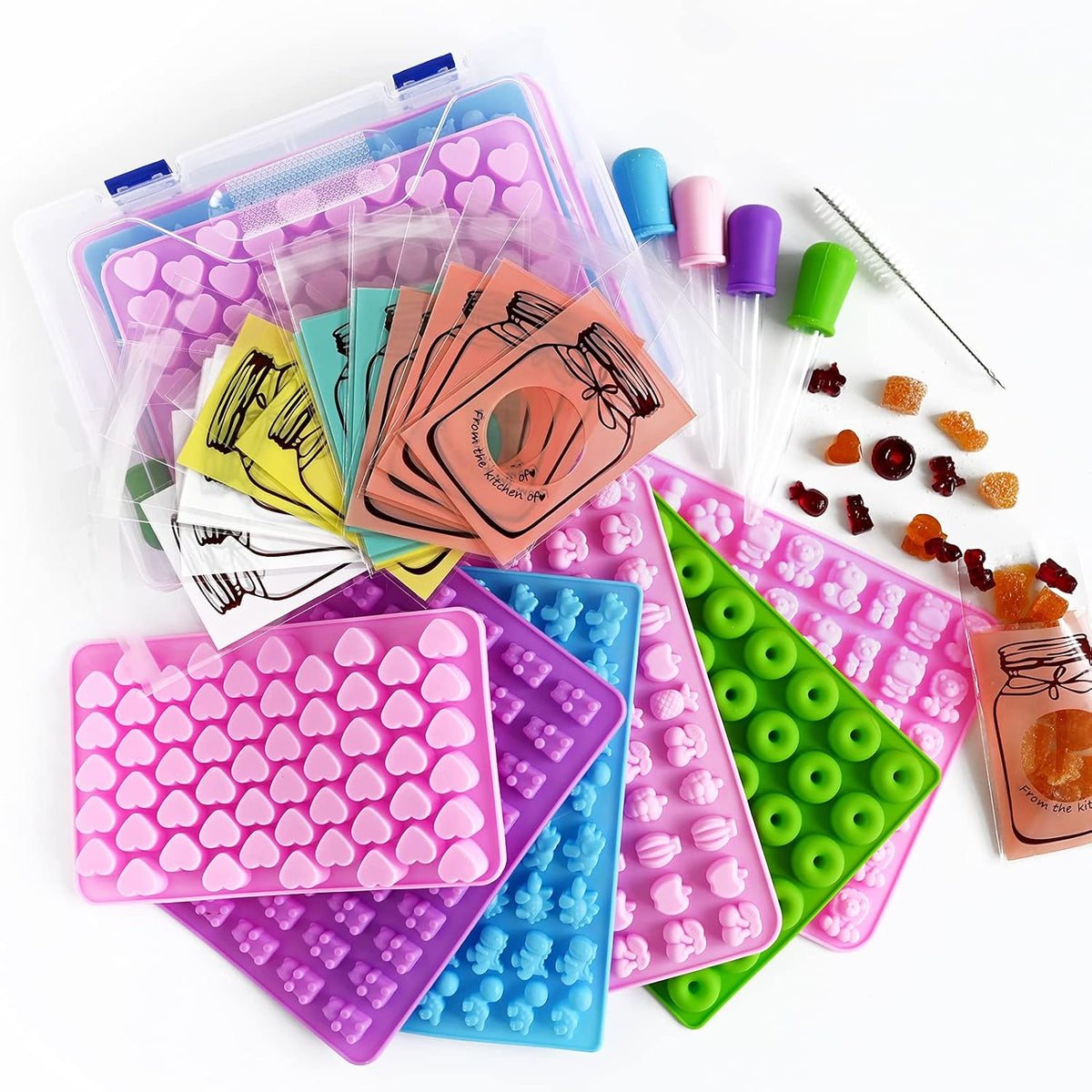 Gummy Bear Molds Silicone 32PCS, Non-stick Chocolate Candy Mold 18 Shapes for 327 Candies, With 4 Droppers, Clean Brush, Storage Box, 20 Wrappers, Including Dinosaur Mini Donut Fruit Animals Shaped