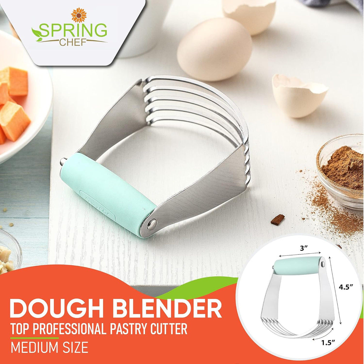 Spring Chef Dough Blender, Top Professional Pastry Cutter, Heavy Duty Baking Tool with Stainless Steel Blades, Medium Size, Mint