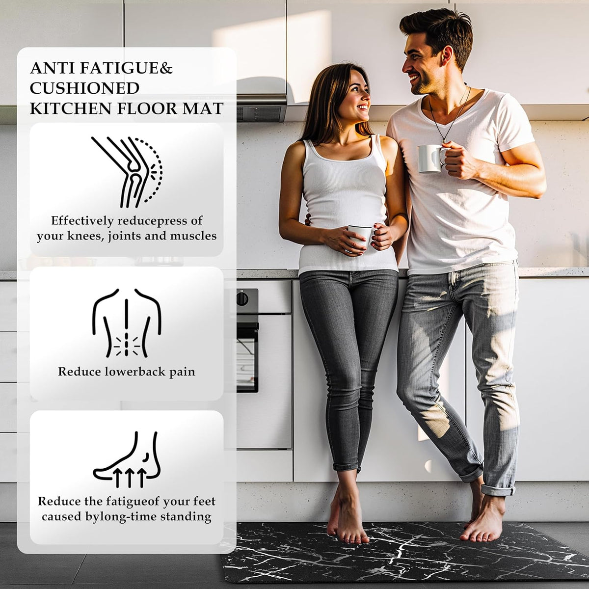 Silver Foil Stamped Marble Kitchen Mats for Floor 2PCS Cushioned Anti Fatigue Non Slip Waterproof Comfort Leather Kitchen Rugs 2/5 Inch PVC Kitchen Mats for Sink, Laundry, 17.3"x28"+17.3"x59", Black