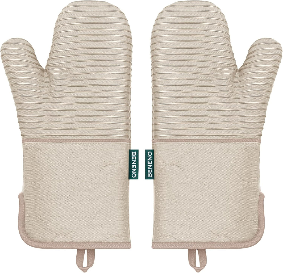 Beneno Kitchen Oven Mitts 2-Pack Heat Resistant to 500°F with Non-Slip Silicone Grip, Extra Long 14.3" Forearm Protection, Soft Quilted Cotton Terry Lining, Ideal for Cooking, Baking, Grilling, Beige