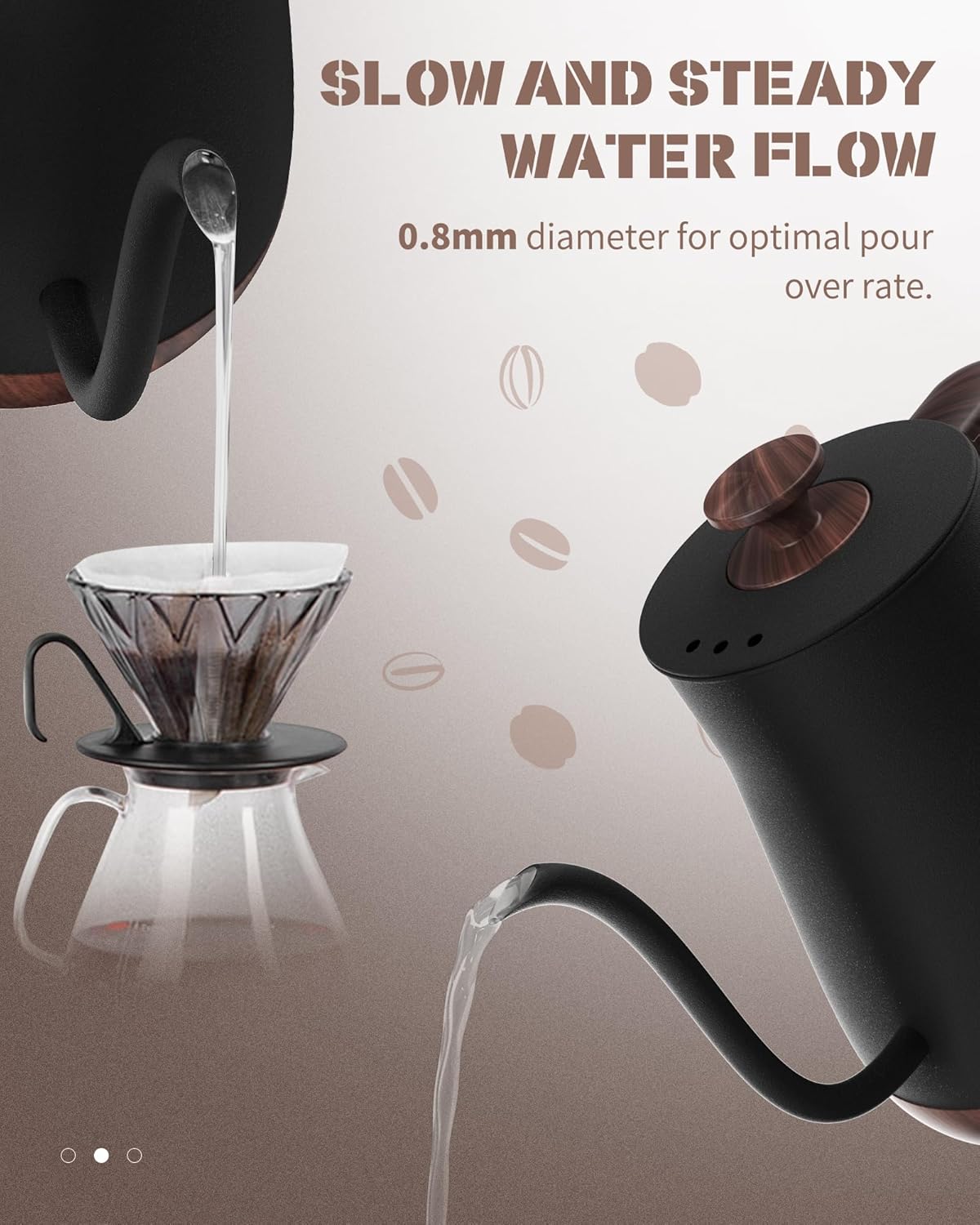 Gooseneck Electric Kettle - Stainless Steel Pour Over with Auto Shut Off, 0.8L Capacity, 1000W Quick Heating, Design with Elegant Handle, Matte Black with Walnut, Manual, (XH-W081-BW)