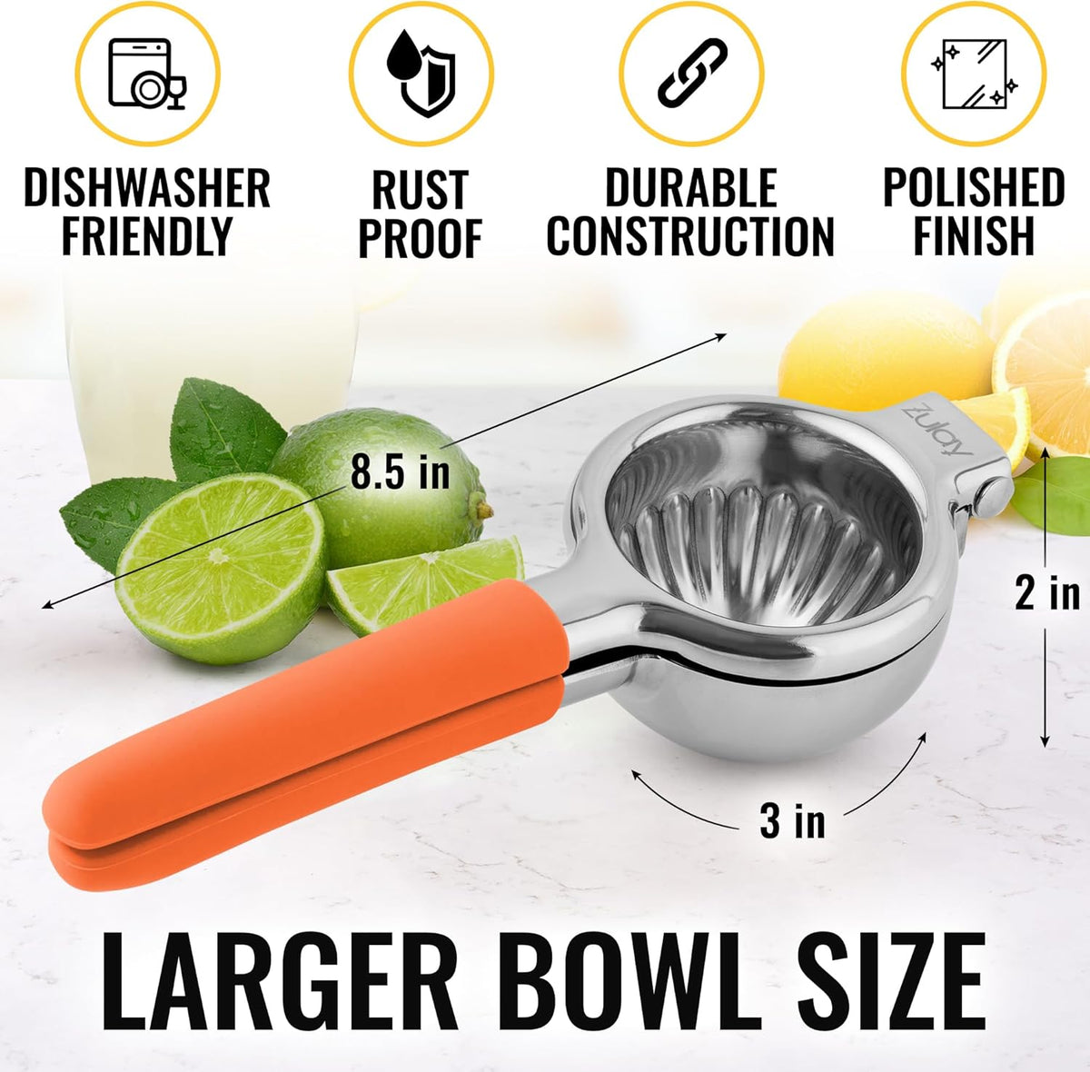 Zulay Lemon Squeezer Stainless Steel with Premium Heavy Duty Solid Metal Squeezer Bowl and Food Grade Silicone Handles - Large Manual Citrus Press Juicer and Lime Squeezer Stainless Steel (Orange)