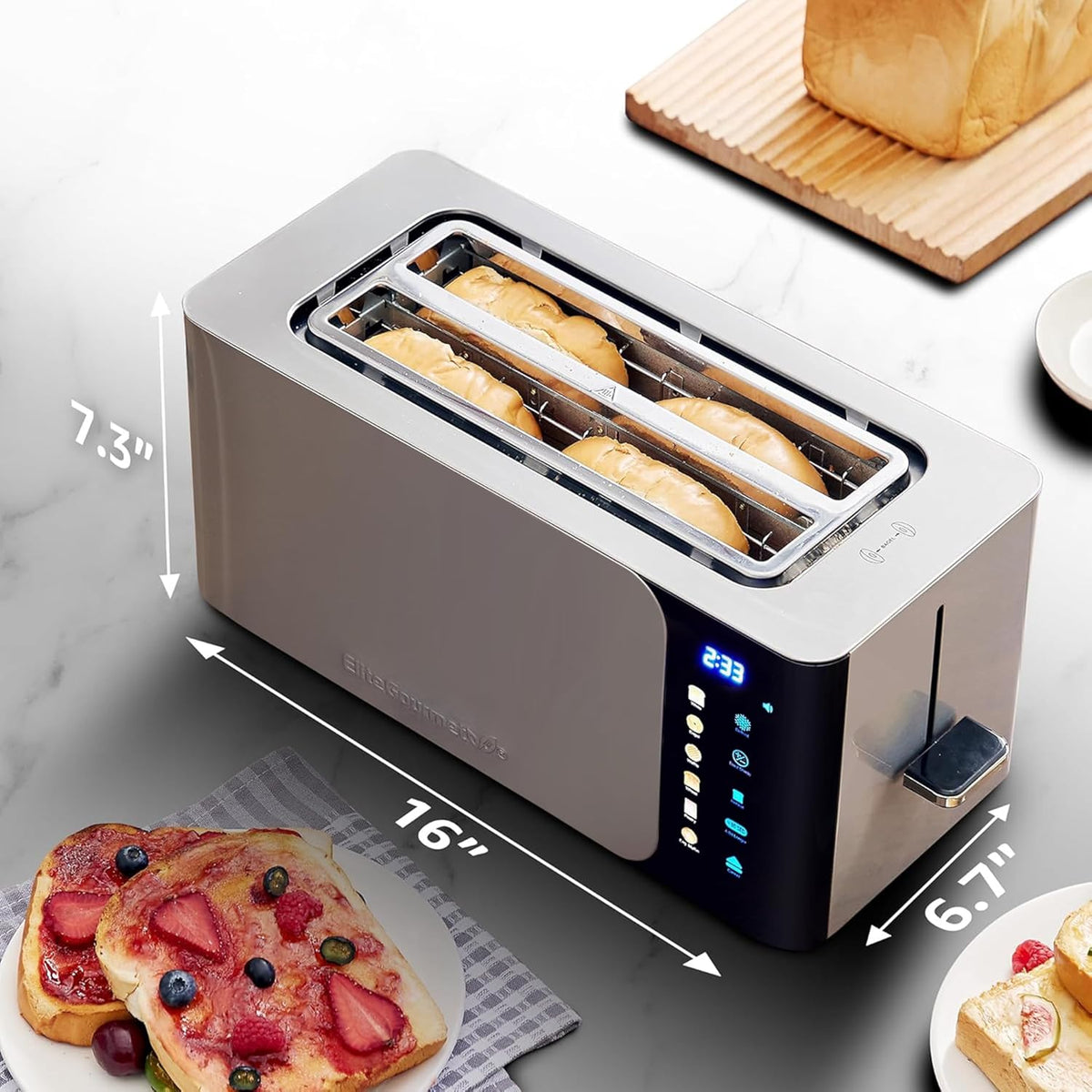 Elite Gourmet ECT5924D SmartToast Digital Long Slot 4 Slice Toaster, 1.5” Wide Slots for Thick Breads & Bagel Function, LED Touch Screen, Countdown Timer, 6 Shades, Stainless Steel
