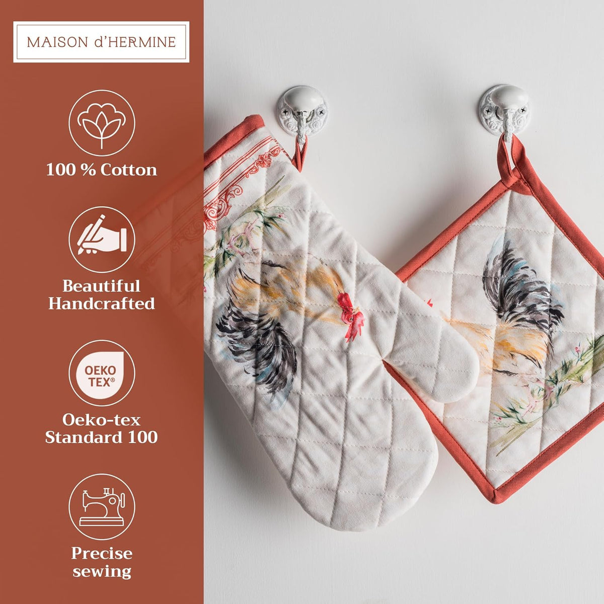Maison d' Hermine 100% Cotton Oven Mitt & Pot Holder Set (7.5"x13" & 8"x8") Heat Resistant BBQ Cooking Gloves with Loop, Baking, Grilling, Kitchen, Handling Hot Pans Spring/Summer (Campagne)