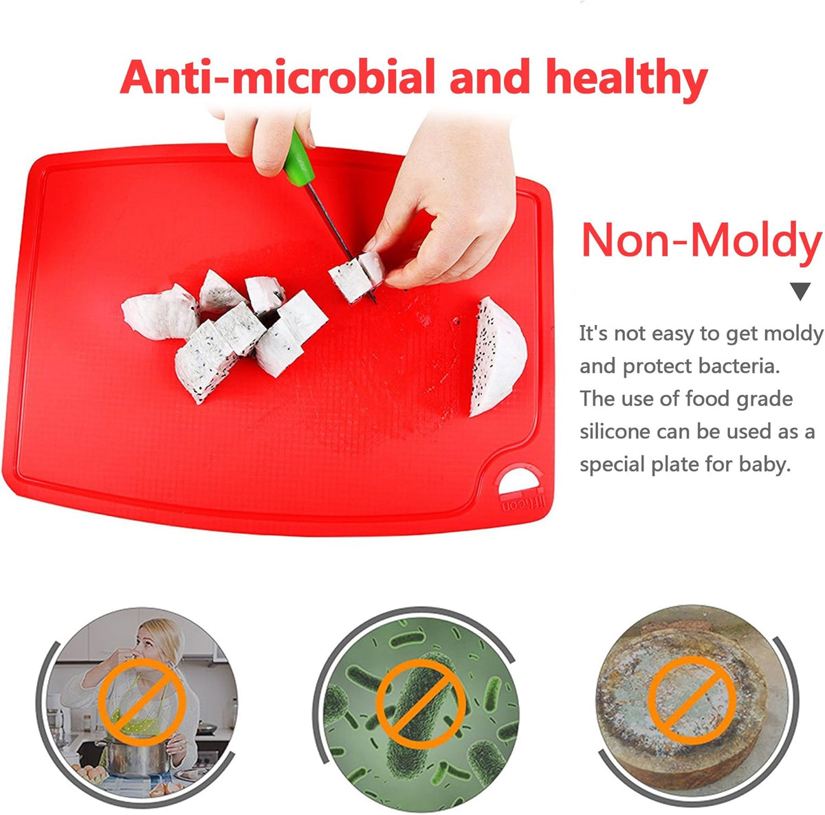 Thick Silicone Cutting Board 12.6'' x 9.1'' Juice Grooves Easy Grip Handle Dishwasher Safe-Red
