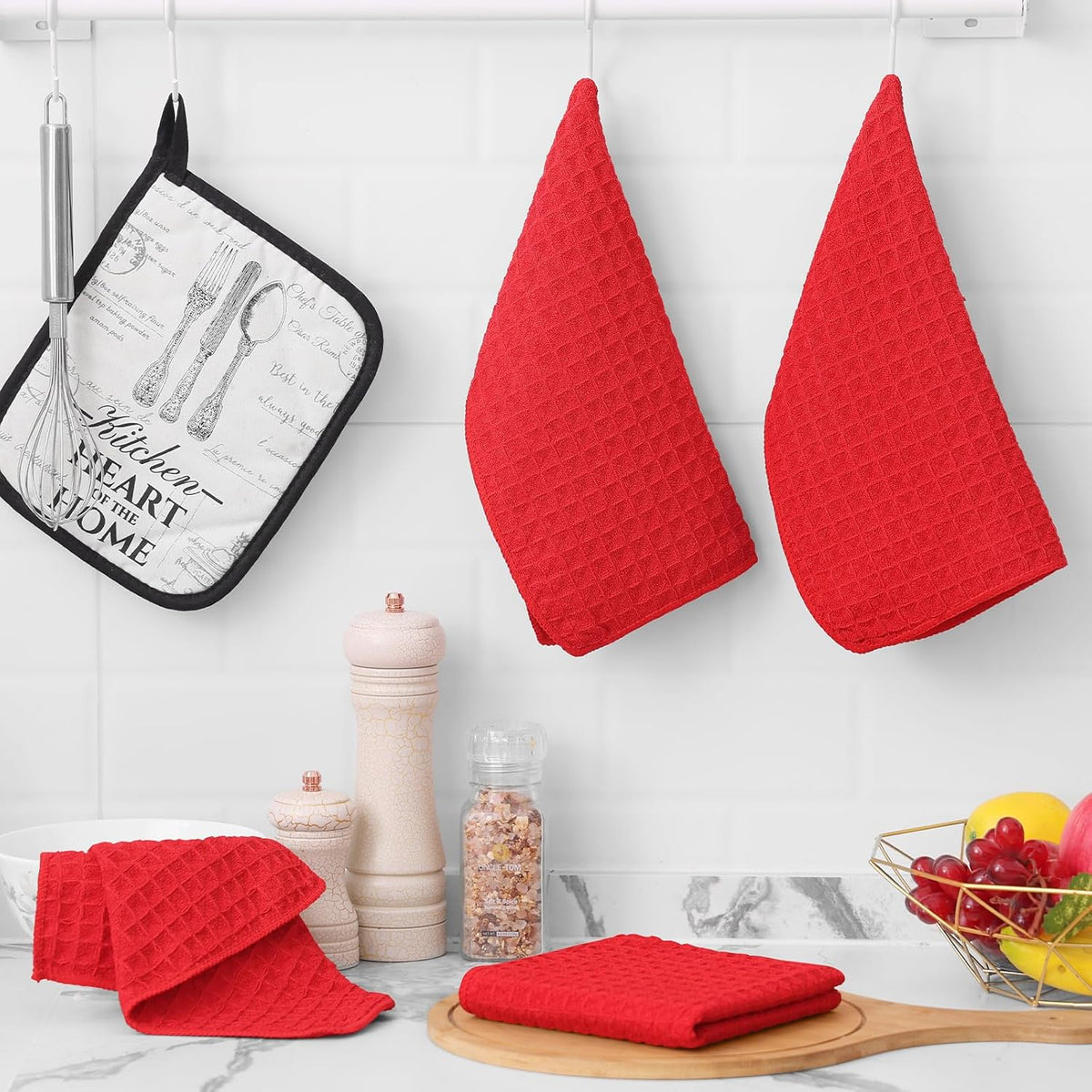 Homaxy Microfiber Waffle Weave Kitchen Dish Cloths, 12 x 12 Inch Ultra Absorbent and Solid Color Dish Towels for Kitchen Fast Drying Dishcloth for Washing Dishes, 6 Pack, Red