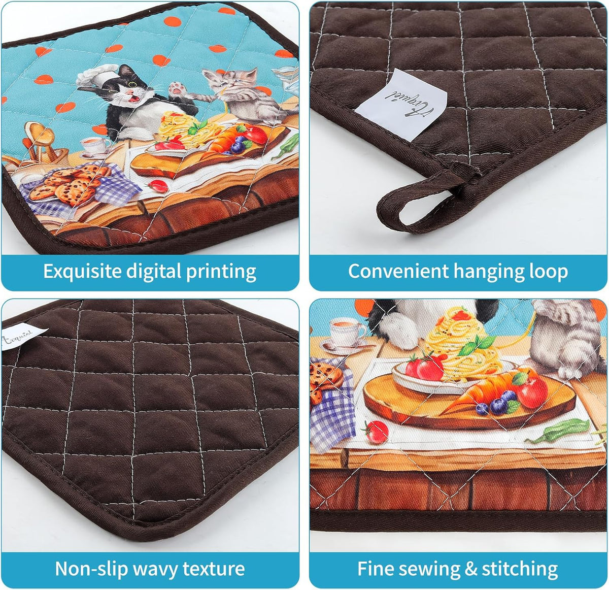 Cute Cat Oven Mitts and Pot Holders Sets 4Pcs, 100% Cotton Heat Resistant, Extra Long Oven Gloves Potholder for Kitchen Cooking Baking Decoration