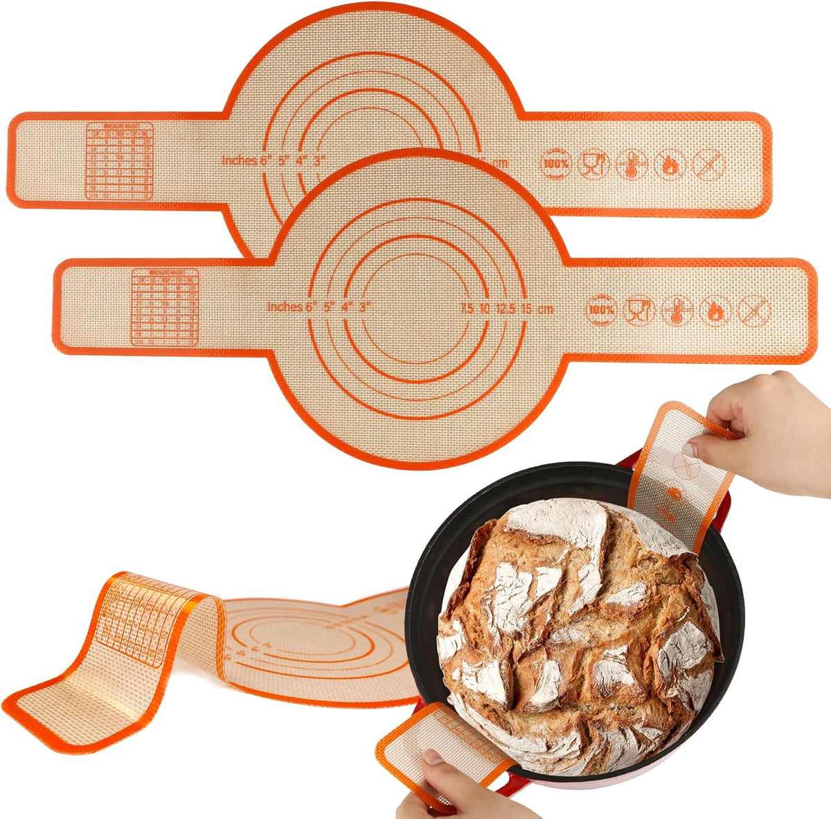 UBeesize 2 Pack Thickened Silicone Bread Sling, Reusable Sourdough Bread Baking Mat For Dutch Oven 2-8 Qrt, Non-Stick, Easy To Clean, With Extra Long Handles Bread Baking Sheet Liner.