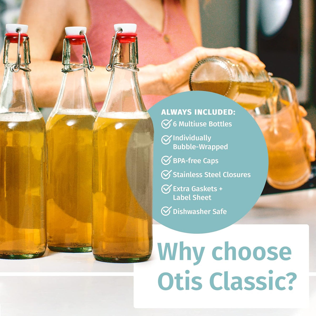 Otis Classic Swing Top Glass Bottles - Set of 6, 16oz w/Marker & Labels - Clear Bottle with Caps for Juice, Water, Kombucha, Wine, Beer Brewing, Kefir Milk or Eggnog