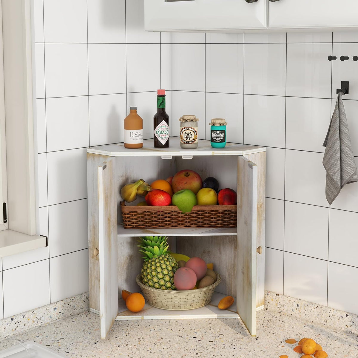 Corner Bread Box for Kitchen Counter Double Layer Bamboo Bread Storage Container Large Capacity Bread Storage Bin Farmhouse Breadbox Organizer