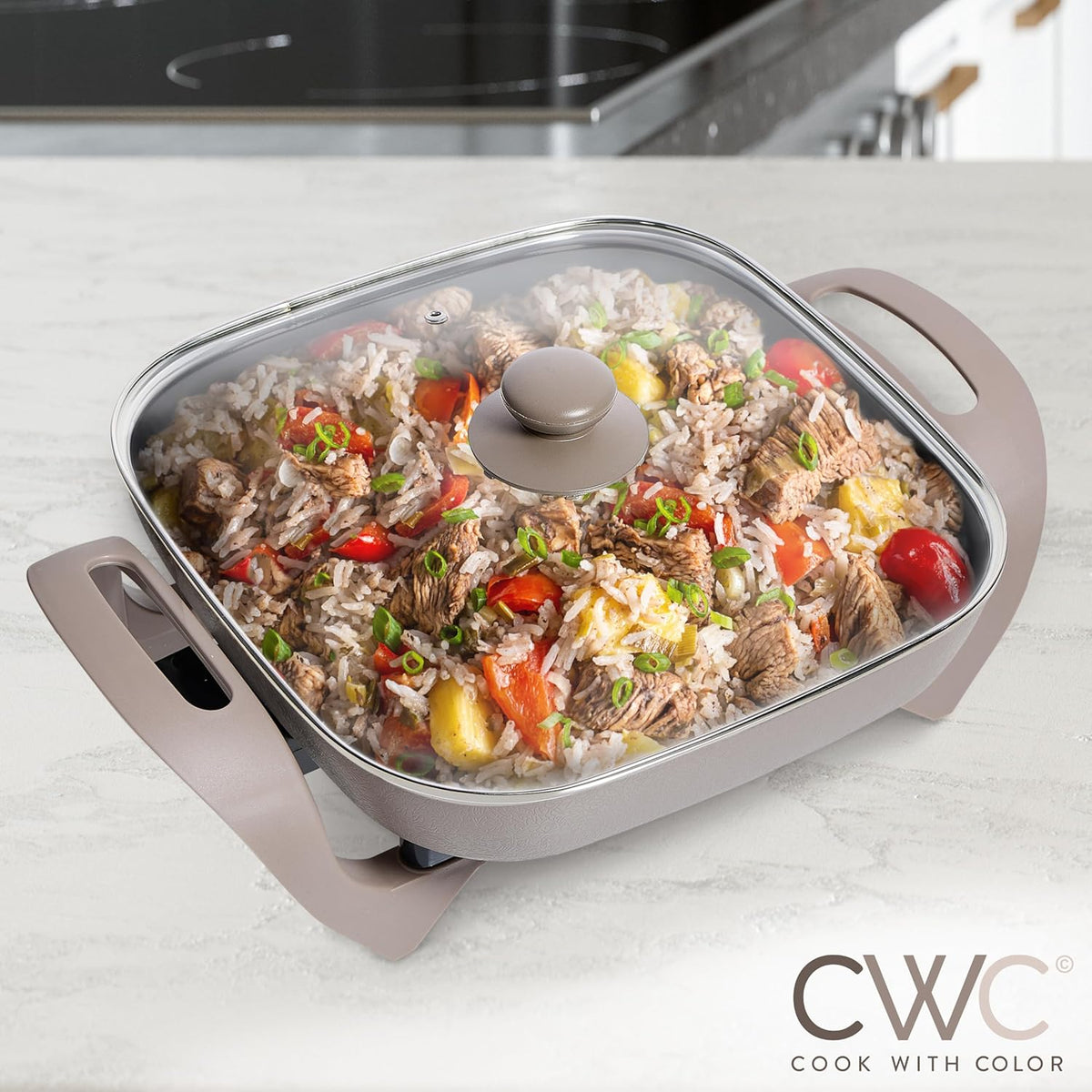 COOK WITH COLOR Electric Skillet - 12" x 12" Ceramic Nonstick Pan, PFAS-Free, 1400W, Tempered Glass Lid, Variable Temperature, Removable Heating Probe, Cool-Touch Handles, Greige